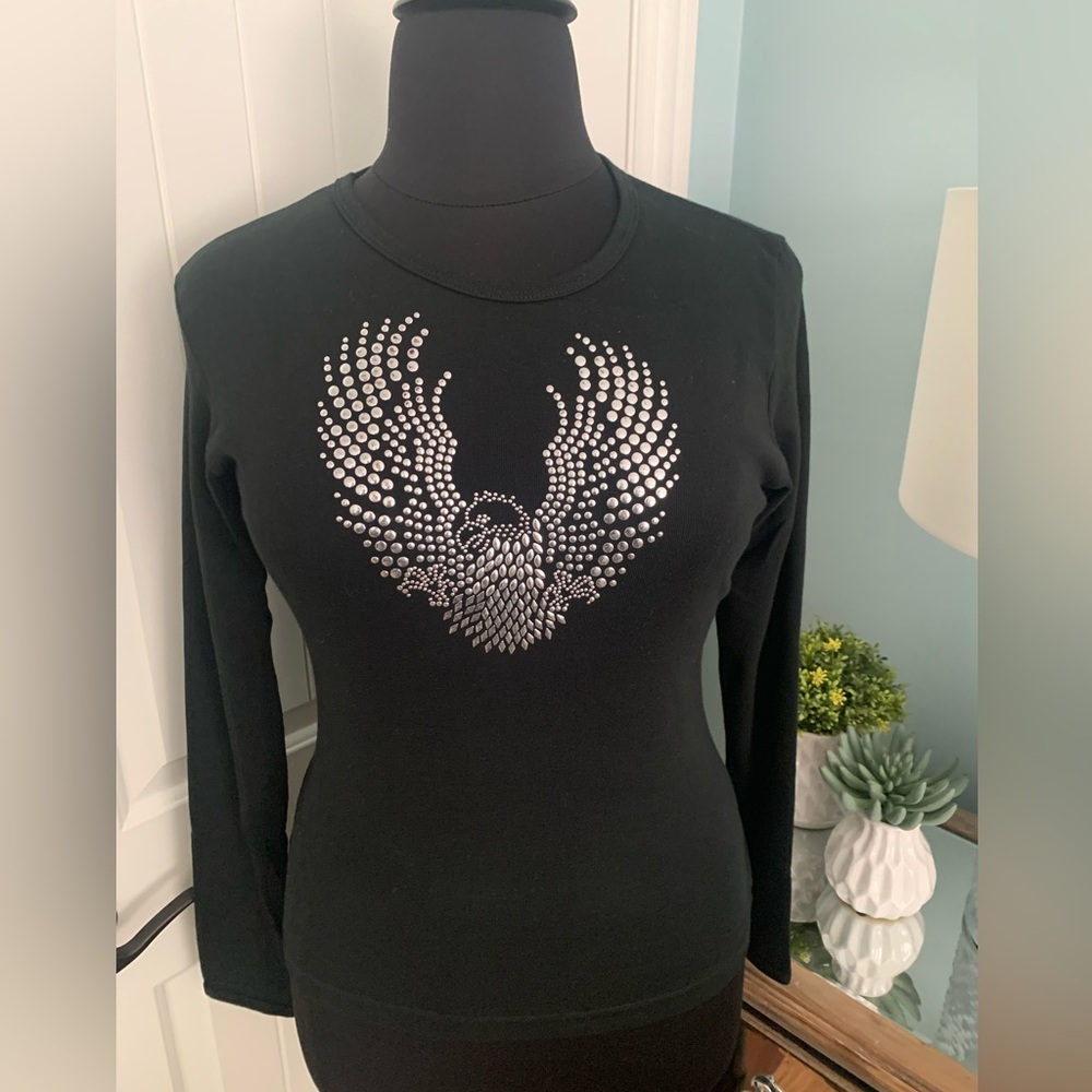 Women’s Harley Davidson/Motorcycle/Biker LS Black Top/Tee w/Studded Eagle Design